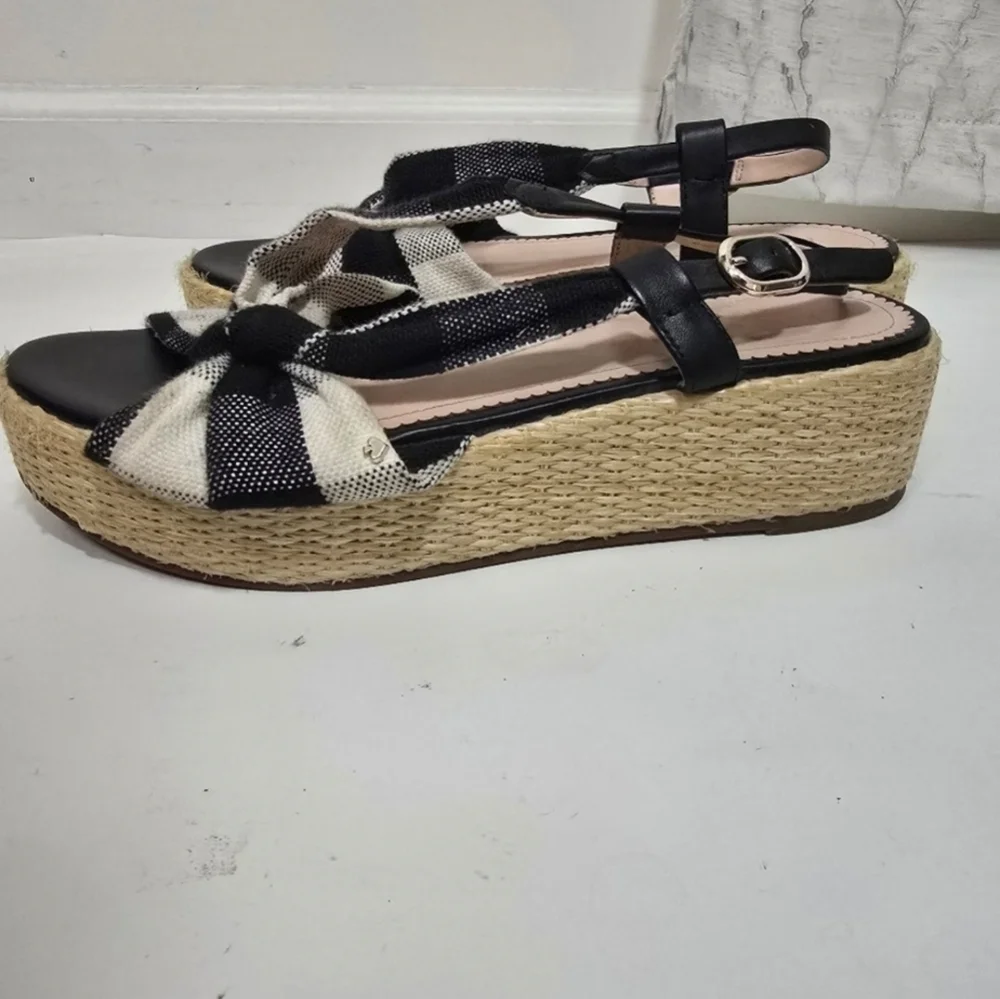 Kate Spade Black White Brown Plaid Bow Front Espadrille wedge sandals